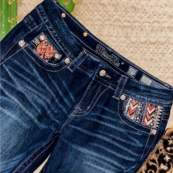 Miss Me Denim - Miss Me Jeans Skinny Leg Size 27 Waist Dark Denim Aztec Print Western Sequin